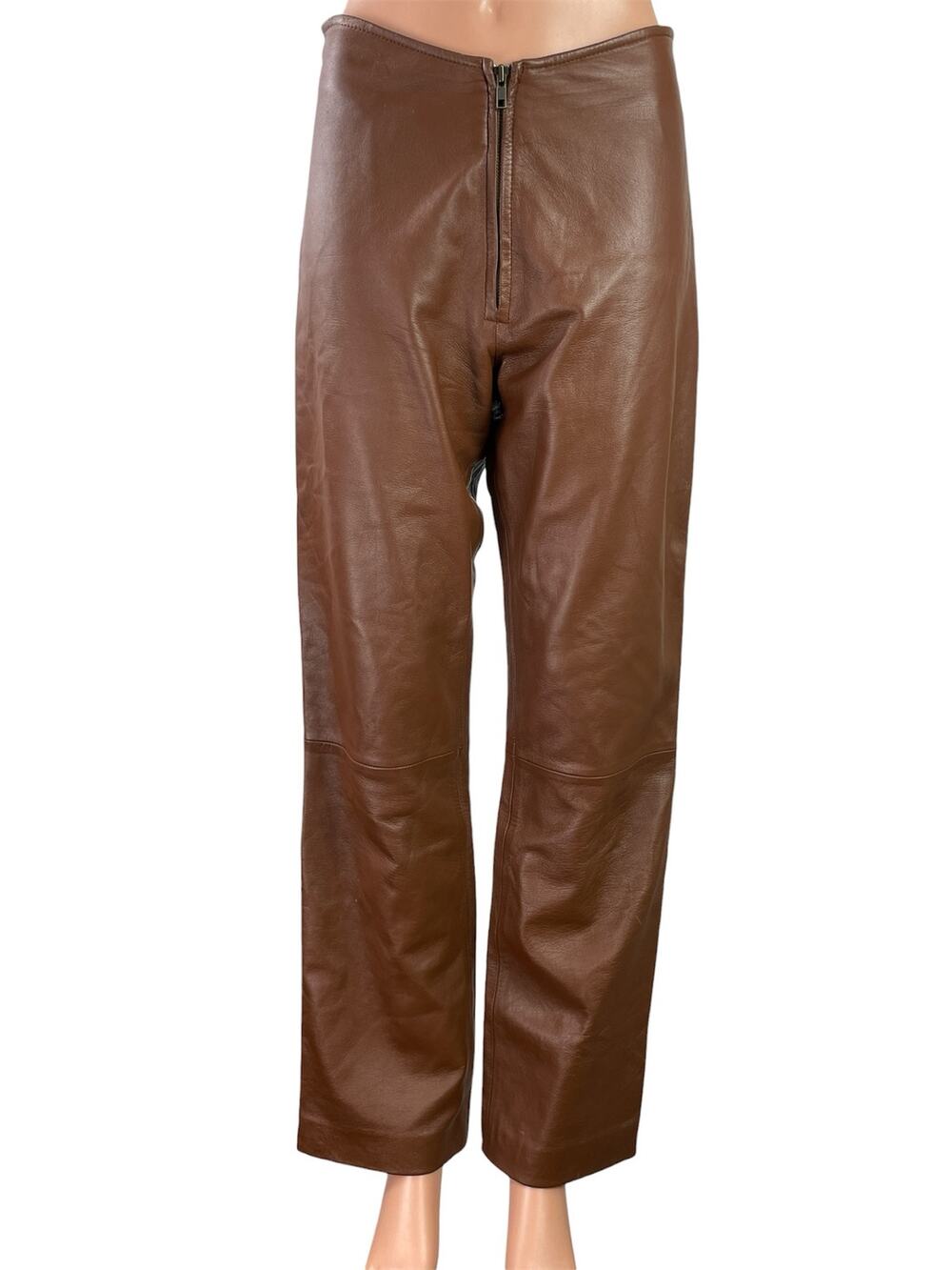 Nicola Berti Women's Brown 100% Leather High Rise Wide Leg Trousers Pants Size 6